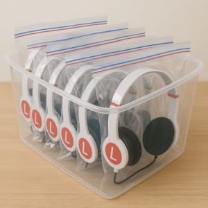 A clear plastic Classpack Storage Solution holds up to 25 K6/BK or 12 LPJ Series headphones, each in a separate ziplock bag. The black and white headphones sport a bold red “L” on the ear cups and are stored on a wooden surface.