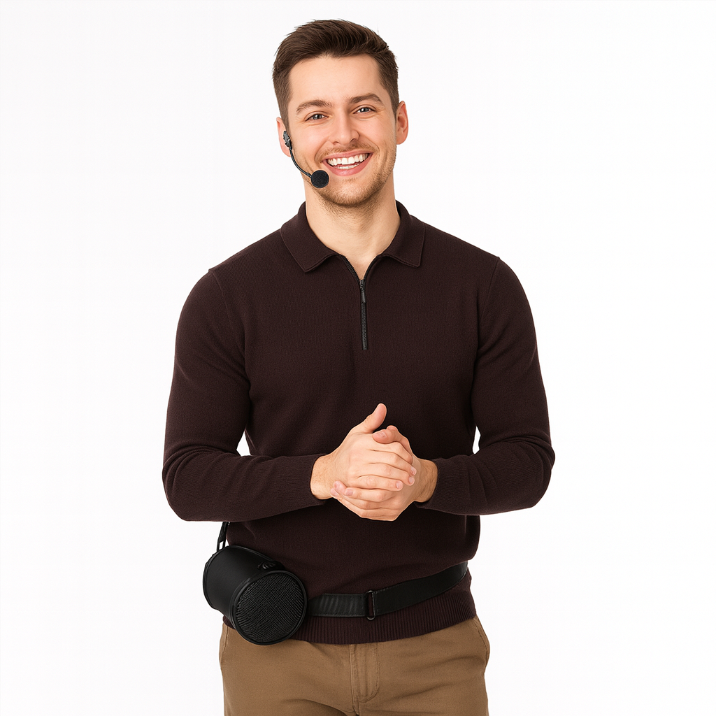 A smiling man in a dark sweater and headset microphone stands with hands clasped, wearing the ChatterVOX® Model 6 Coaching Amplifier at his waist. The background is plain white.