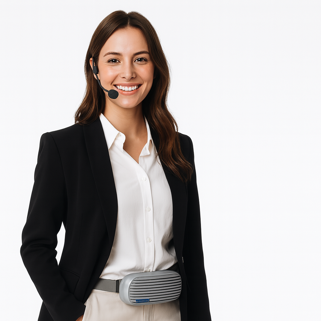 A woman in a business suit smiles against a plain white background, wearing a headset and the ChatterVOX® Pro w/headset mic—a gray electronic device around her waist.