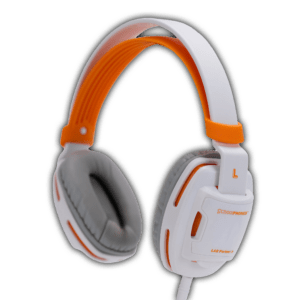 White and orange over-ear Durable Lab & Gaming Headset for Pre-K & Pre-K - LPJ1m - Lab Partner Jr., with gray cushioned ear pads, labeled SchoolPHONES and Lab Partner, shown on a plain white background—ideal for young kids.