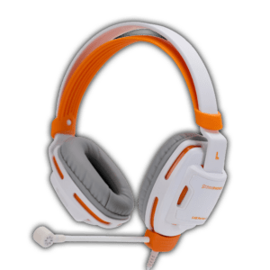 The Durable Lab & Gaming Headset for Pre-K & Pre-K - LPJ1m (Lab Partner Jr.) features white and orange over-ear design, gray padded ear cups, adjustable headband, and a flexible left boom mic—perfect durable headphones for kids.