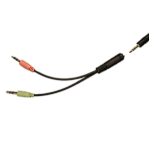 The CTIA/ASH to multi-media headset adapter branches into green and pink audio cables from a single black cable with a male jack—perfect for school headphones like SchoolPHONES®. The background is plain white.