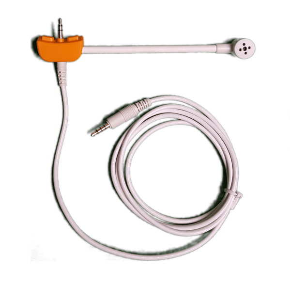 The LPJ1-MIC is a white, wired, detachable SpringBoom™ microphone with a long cable, orange clip near the head, and 3.5mm jack—ideal for pairing with SchoolPHONES® LPJ1 series headphones. Shown on a white background.