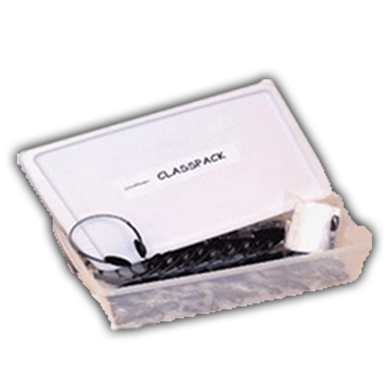 SchoolPHONES® Classpack storage unit, a clear tub that holds classroom headphones upright in numbered slots