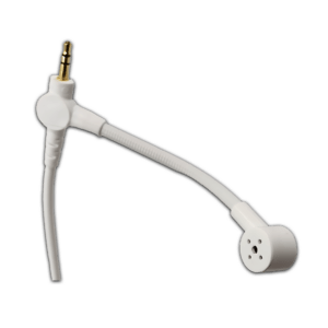 The SPD-MIC-3.5mm Detachable SpringBoom™ Media Microphone (K6d, BKd SchoolPHONES®) is a white, flexible mic with a 3.5mm gold-plated jack and round perforated head, perfect for school headphones, shown on a white background.