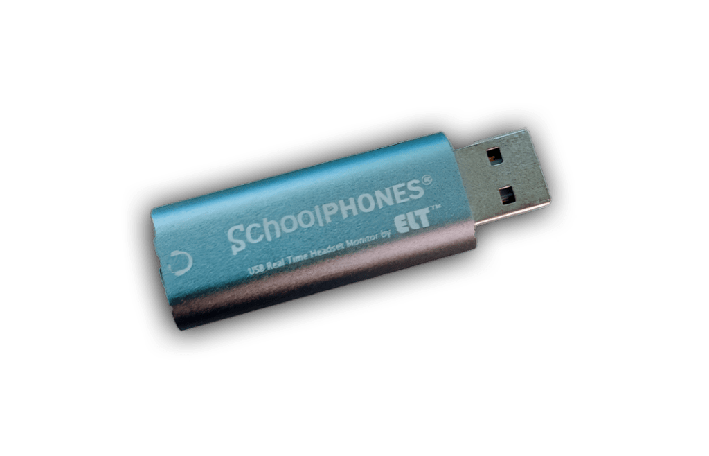 A blue USB flash drive labeled NEW FOR 2024 - USB Realtime Headset Monitor, perfect for Language Lab and ESOL use, is shown on a white background.