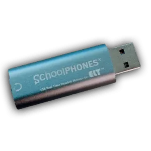 A blue USB flash drive labeled NEW FOR 2024 - USB Realtime Headset Monitor, perfect for Language Lab and ESOL use, is shown on a white background.