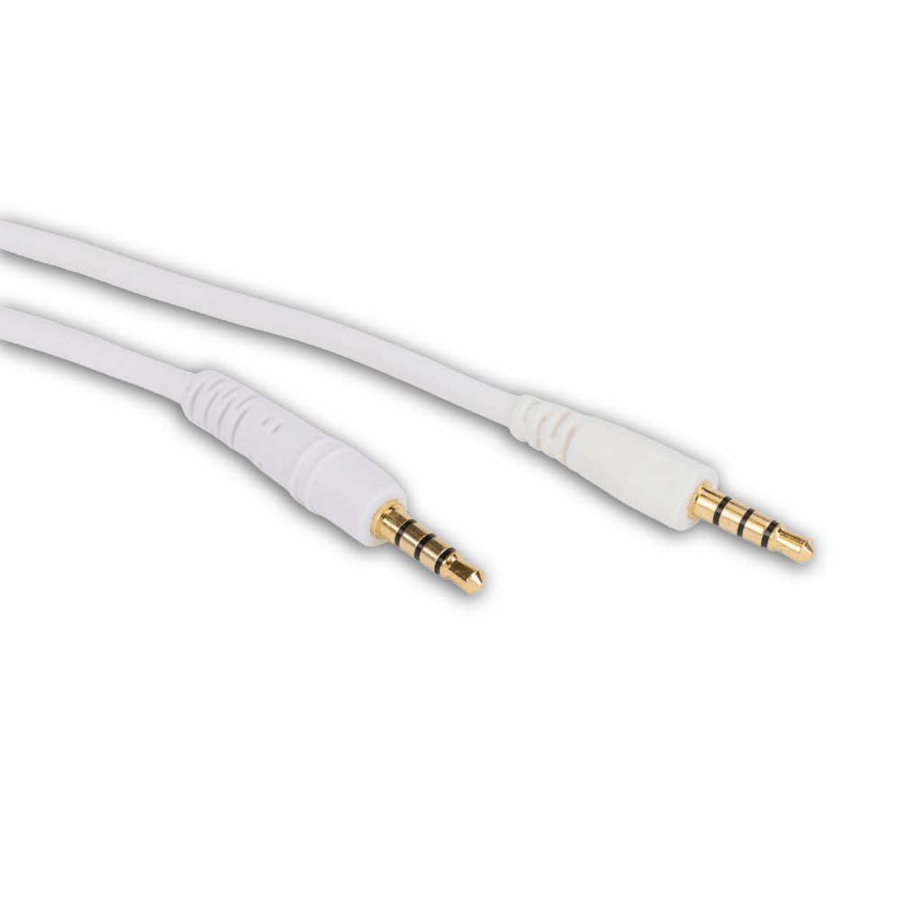The 3.5mm Standard TRRS Cable (K6m / BKm) - 1.2m "Tough" Cable features gold-plated male connectors on both ends, perfect for kids’ durable headphones or school adapters, shown on a plain white background.