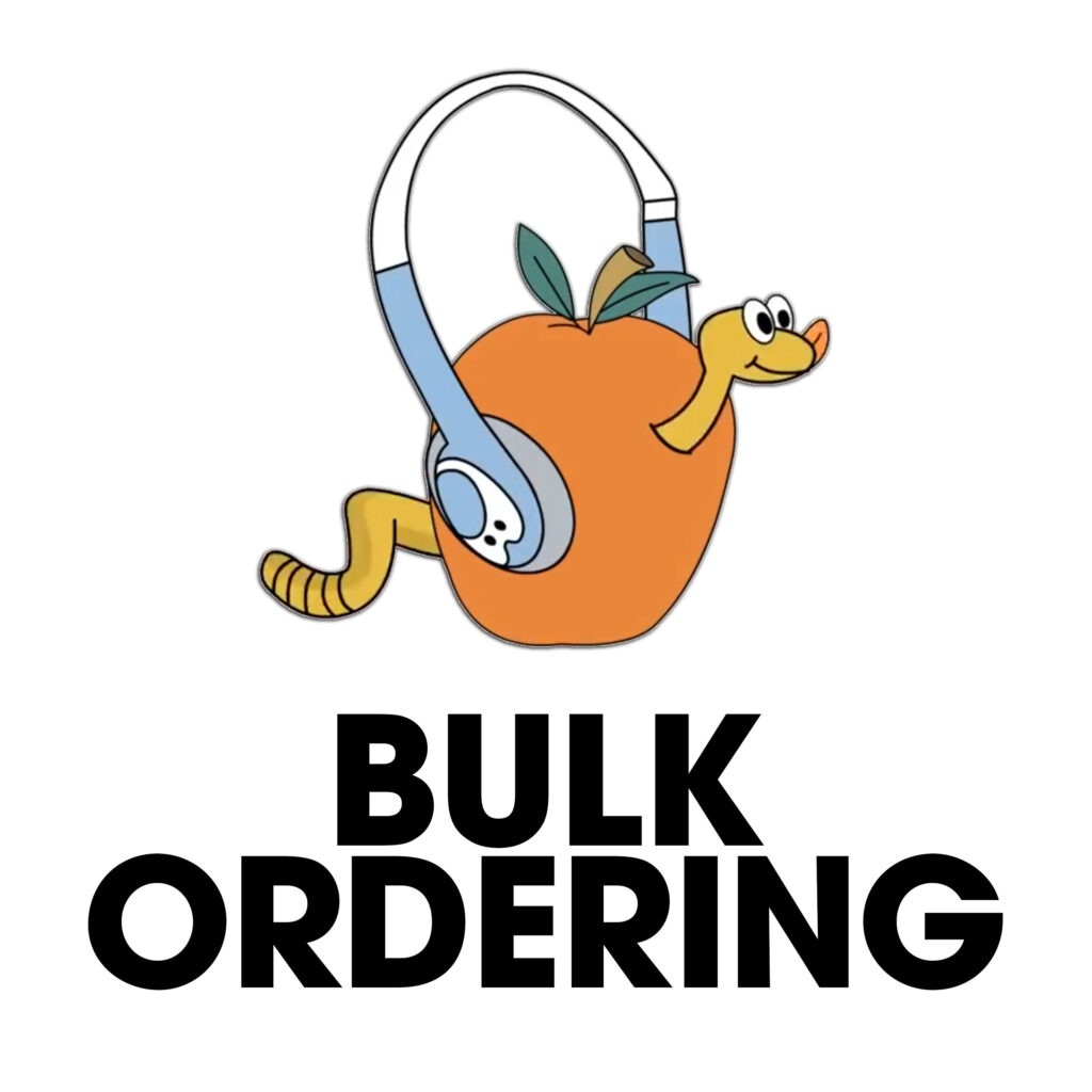 SchoolPHONES® bulk ordering graphic showing the apple and worm mascot above the words Bulk Ordering