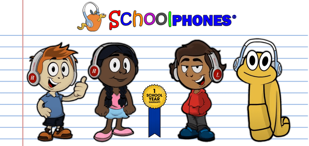 Three diverse kids and mascot Wiggles standing proudly on wide-ruled paper with the SchoolPHONES® logo and one-year warranty seal centered.
