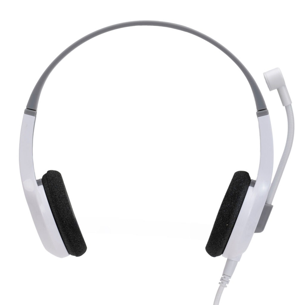 SchoolPHONES® BKM school testing headset in white and gray with a SpringBoom™ microphone, shown front on