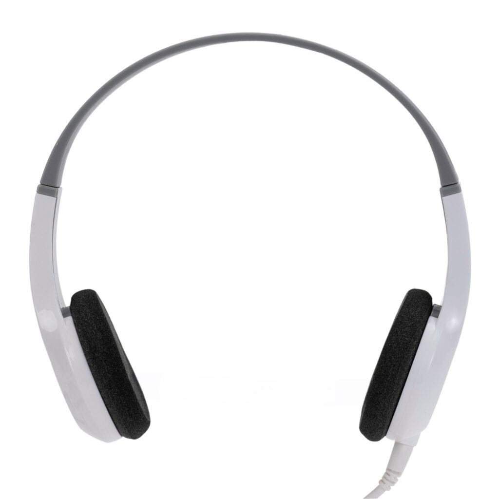 SchoolPHONES® BKS durable bulk school headphones for older students in white and gray, shown front on