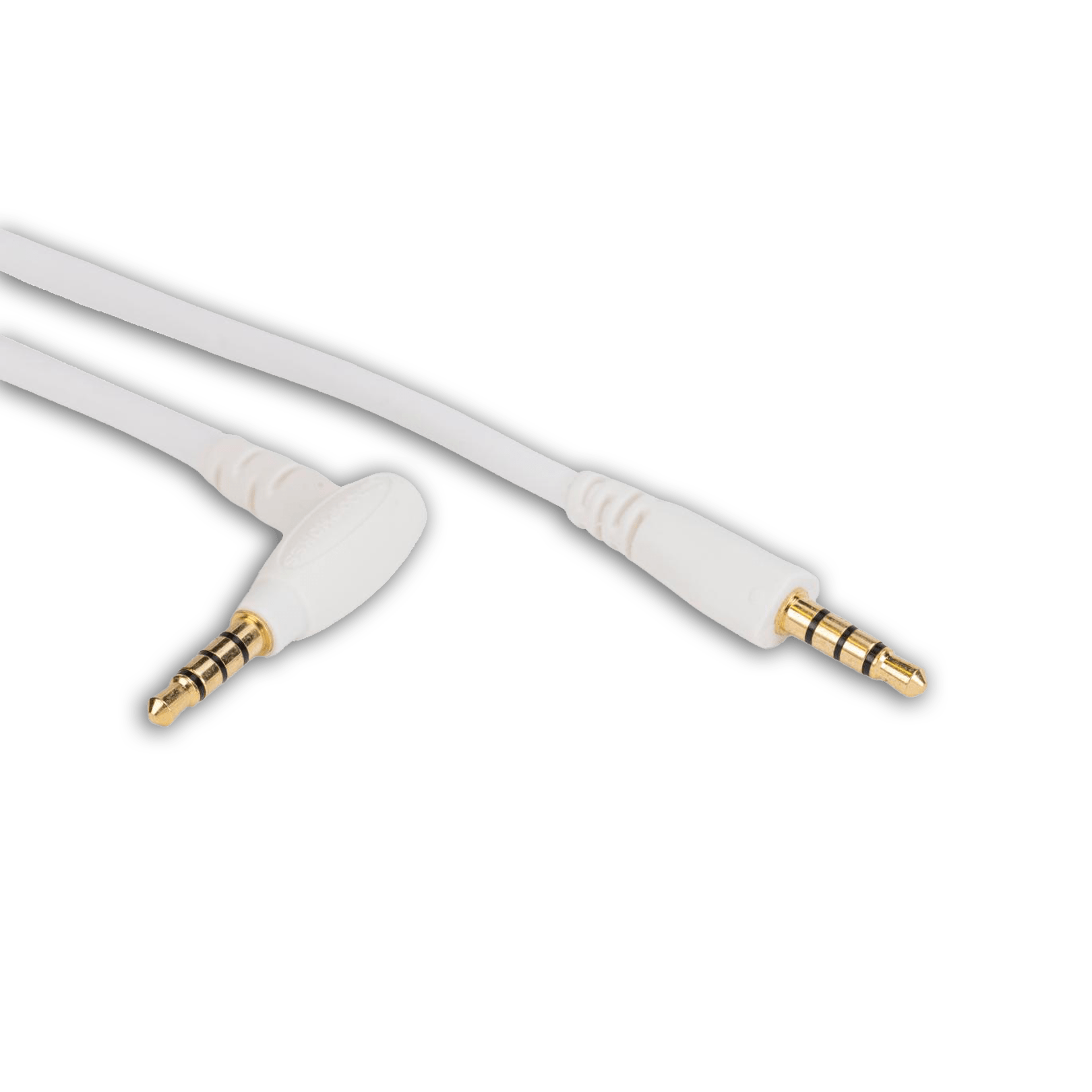 The 3.5mm TRRS 110˚ Angled Cable (K6m, BKm, K6d, BKd) features two gold-plated 3.5mm connectors—one straight and one right-angled—ideal as a school headphone adapter, shown on a plain white background.