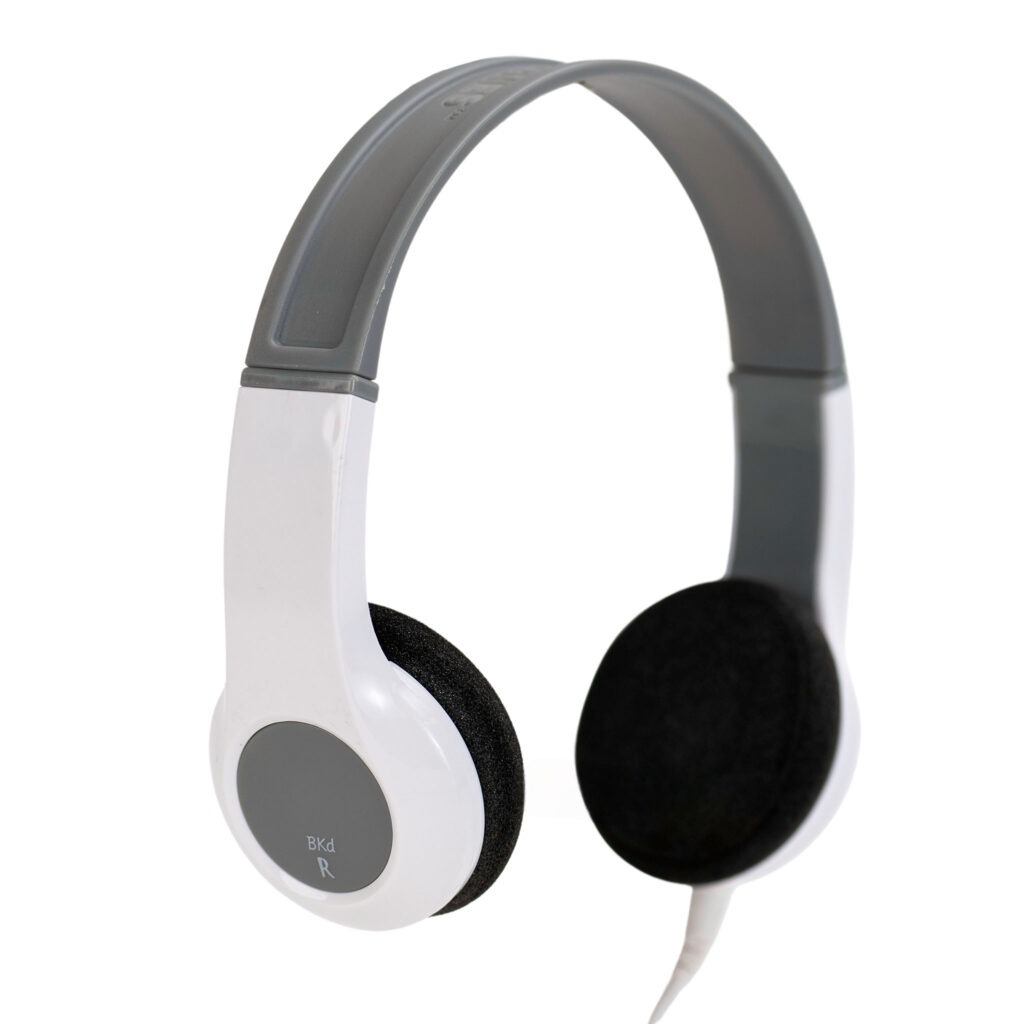 SchoolPHONES® BKD modular school headphones, angled view showing where the detachable cable plugs into the left earcup
