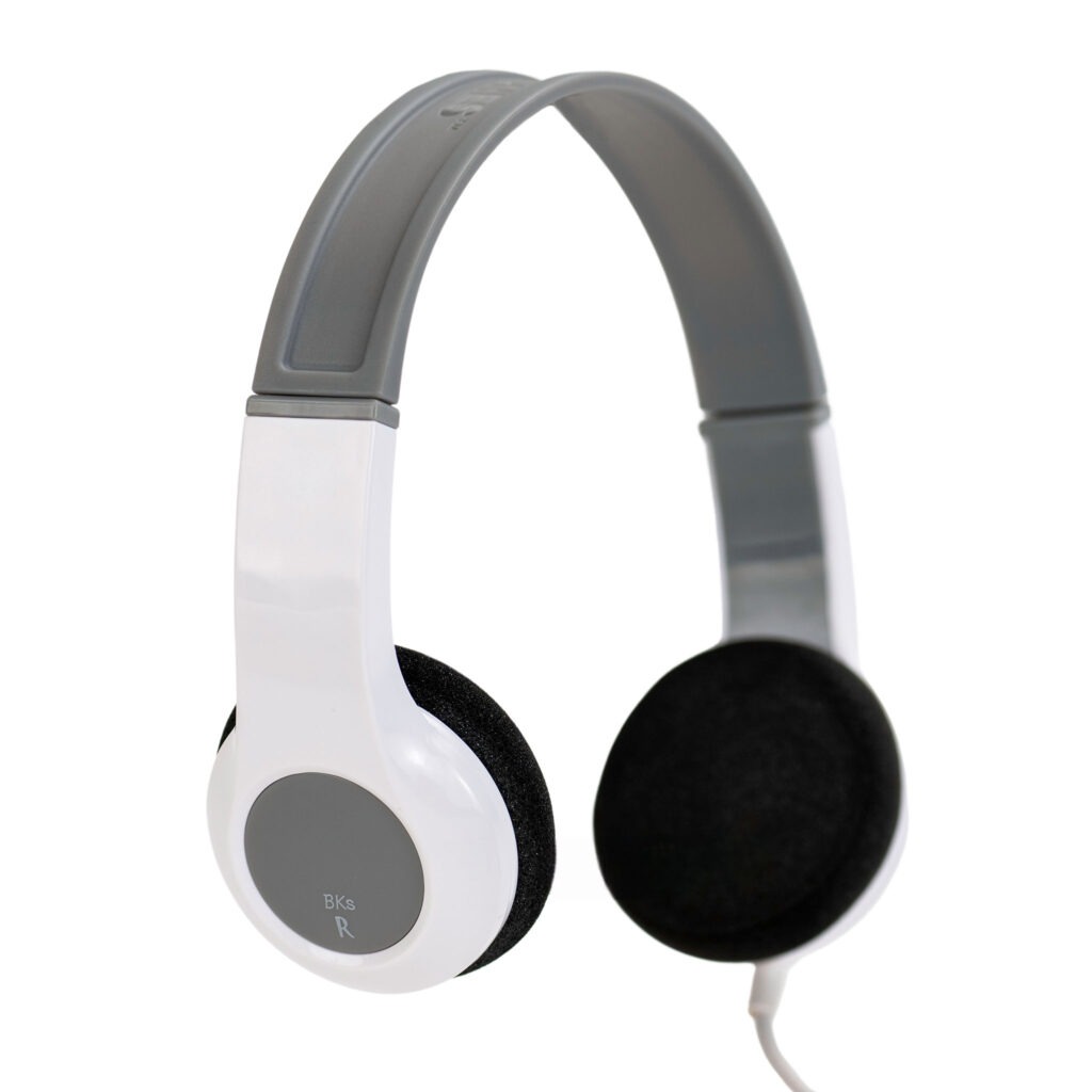 SchoolPHONES® BKS bulk school headphones in white and gray, angled view