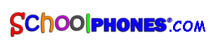 Logo for “SchoolPhones.com” with School in colorful letters (red, orange, purple, black, green) and PHONES in bold blue, followed by .COM in smaller blue text.