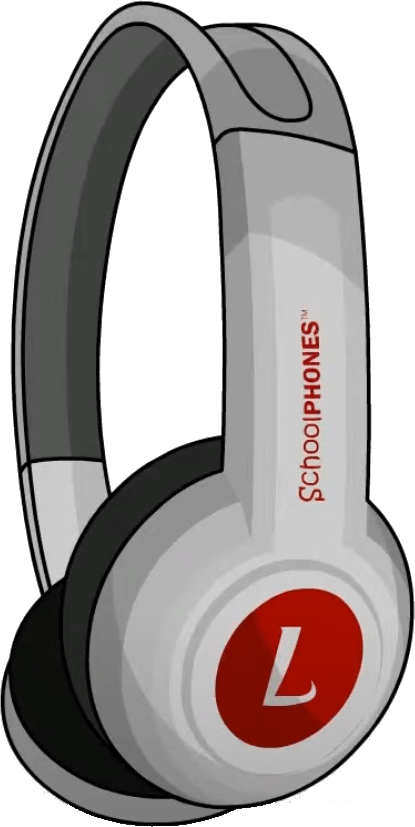 A pair of gray over-ear headphones designed as durable headphones for kids, featuring a red circle with a white L on the ear cup and SchoolPHONES printed in red on the headband.