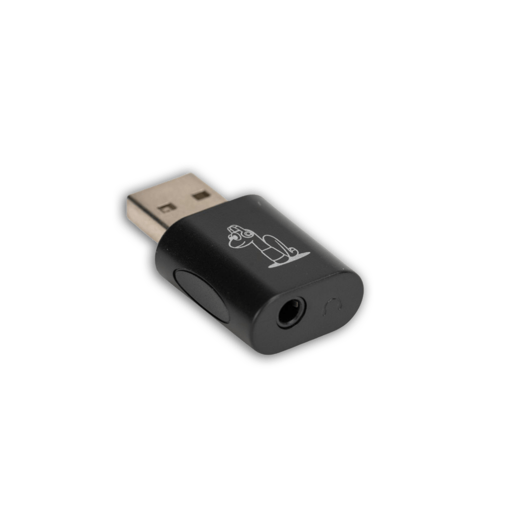 SchoolPHONES® USB-A to 3.5 mm TRRS audio adapter, black with a 3.5 mm socket at one end and a USB-A connector at the other