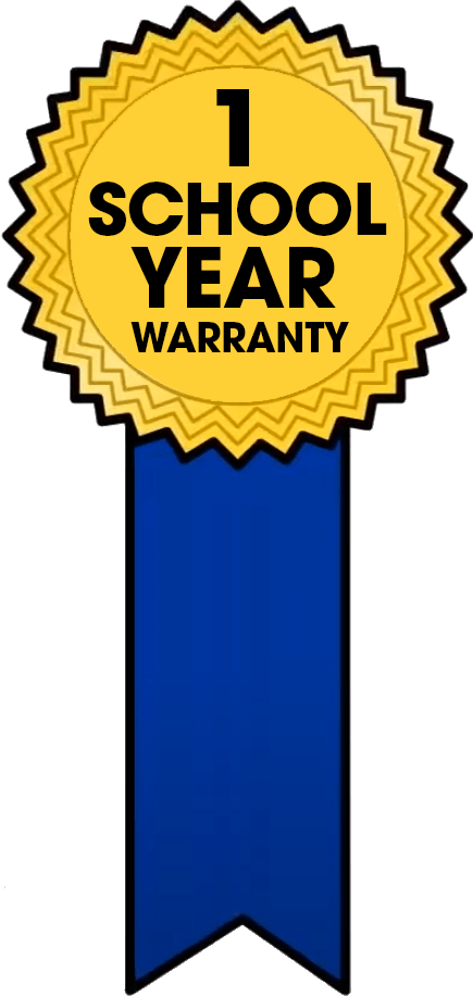 A gold award ribbon with a blue tail reads 1 School Year Warranty in bold black letters on the circular top, perfect for school headphones or adapters for school headphones.