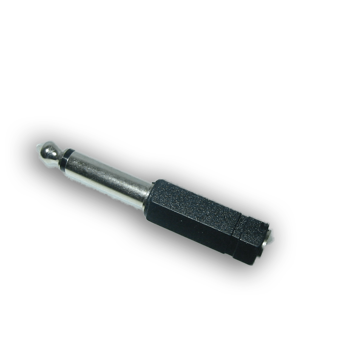A close-up of a single 1/4 inch (6.35mm) audio jack adapter with a black plastic grip and a metal tip, isolated on a white background.