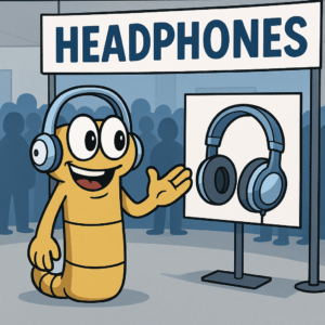 SchoolPHONES® mascot Wiggles enthusiastically presenting kids headphones and school headsets at an educational technology convention.