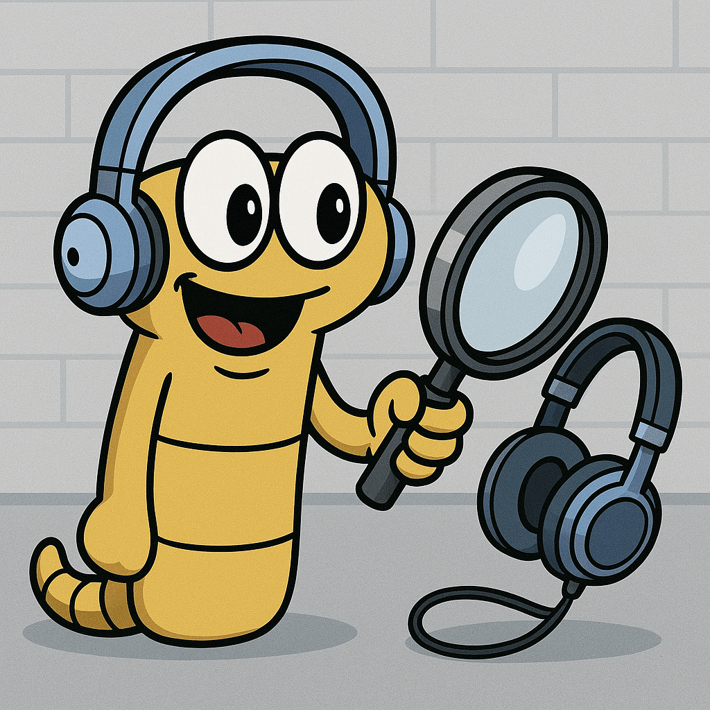 SchoolPHONES® mascot Wiggles closely inspecting headphones with a magnifying glass, symbolizing attention to detail and product quality assurance.