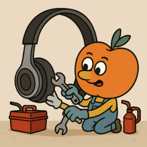 Animated character maintaining a pair of SchoolPHONES® school headphones, showcasing their replaceable parts and long-term value for educational use.