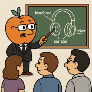Animated character presenting to parents, teachers, and engineers, explaining the essential features of ideal school headphones, including durability, hygiene, and modular design.