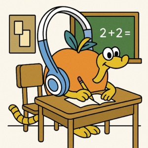 Animated character smiling at a desk while doing homework, wearing SchoolPHONES® headphones and enjoying clear, comfortable audio.