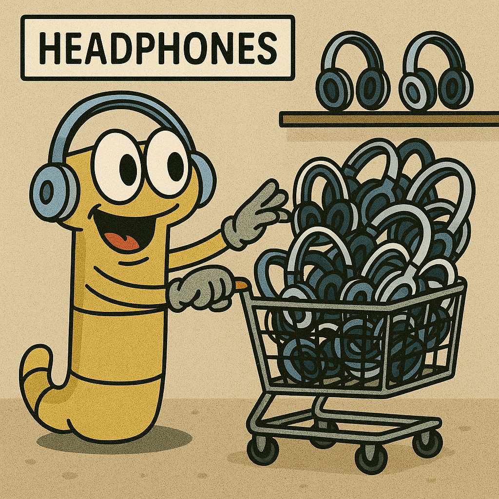 Animated character racing through a store in supermarket sweep style, excitedly grabbing SchoolPHONES® bulk kids headphones for school deployment.