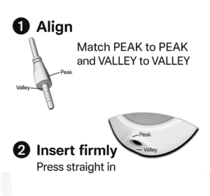 Instructional image showing how to align and insert adapters for school headphones by matching peak to peak and valley to valley. Step 1: Align. Step 2: Insert firmly, pressing straight in.