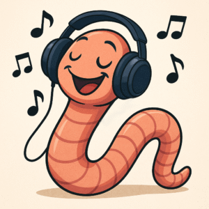 SchoolPHONES® mascot Mr. Wiggles smiling with eyes closed and swaying joyfully while enjoying the rich, clear sound of his classroom headphones.