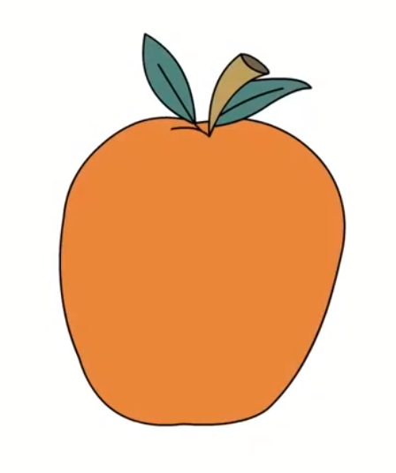 A simple drawing of an orange apple with two green leaves and a brown stem on top, set against a white background.