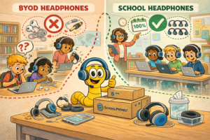 A classroom cartoon shows frustrated kids with tangled, broken BYOD headphones on the left, and happy students using matching student headphones for school on the right, with a teacher, laptops, and a thumbs-up mascot.