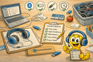 An organized desk with a laptop, headphones for standardized testing, test sheet, USB drives, timer, adapters, and a smiling cartoon character holding a checklist titled “Testing Checklist”—all items have check marks, showing readiness for a test.