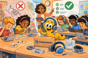 A classroom scene contrasts students struggling with tangled earbuds on the left and happy students using organized headphones and tablets on the right, highlighting the benefits of headphones vs earbuds for schools, with a teacher and a SchoolPhones box in the center.