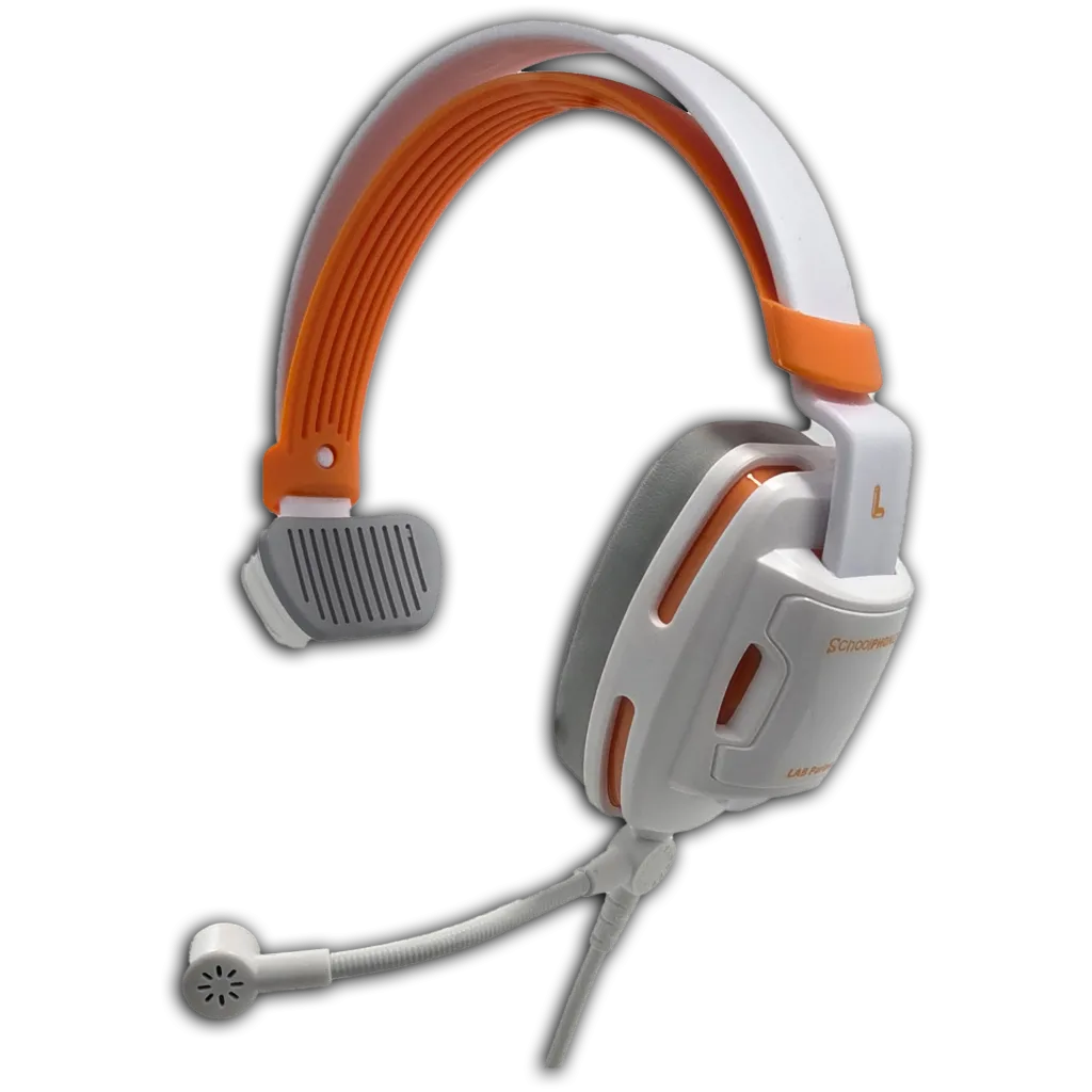 A white and orange over-ear gaming headset with a flexible microphone and padded headband, shown against a plain white background.