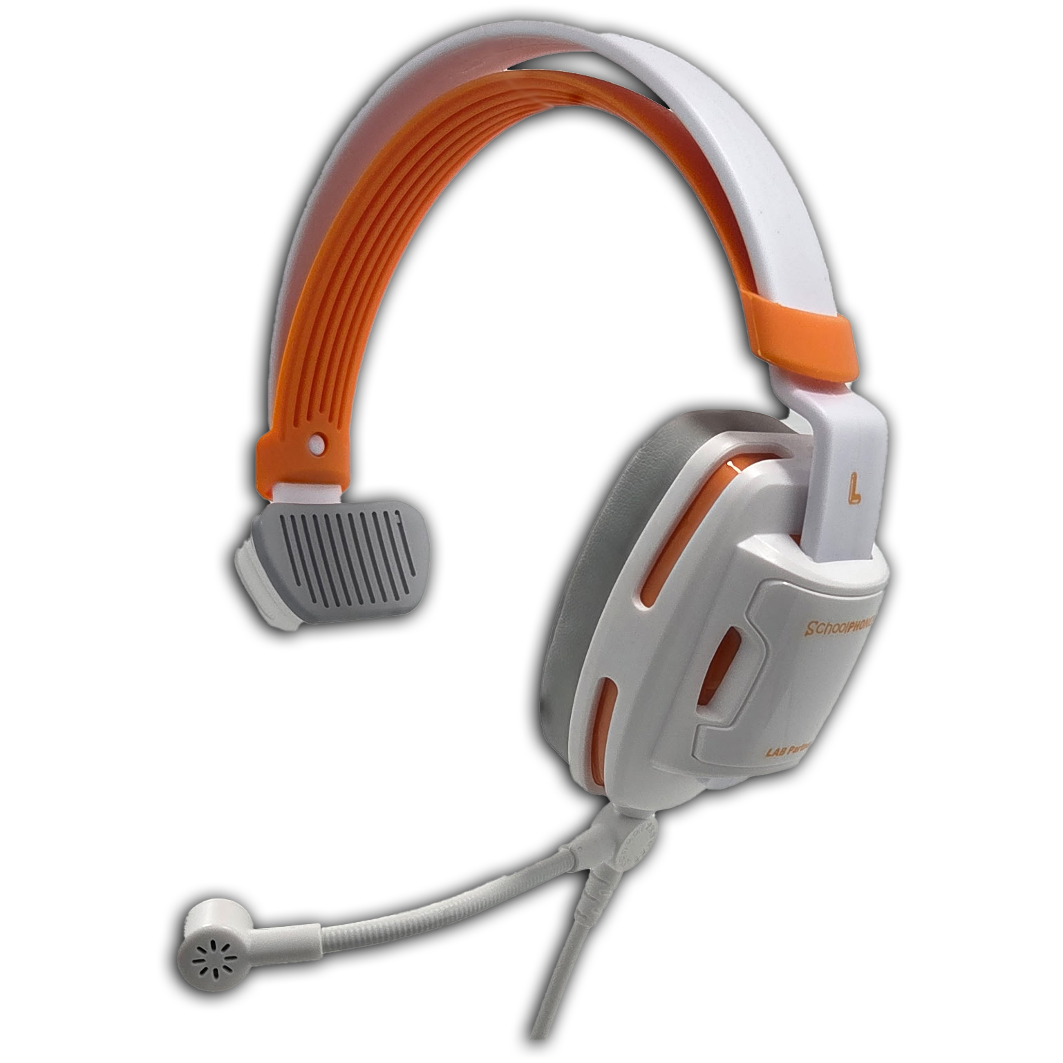 A white and orange over-ear gaming headset with a flexible microphone and padded headband, shown against a plain white background.