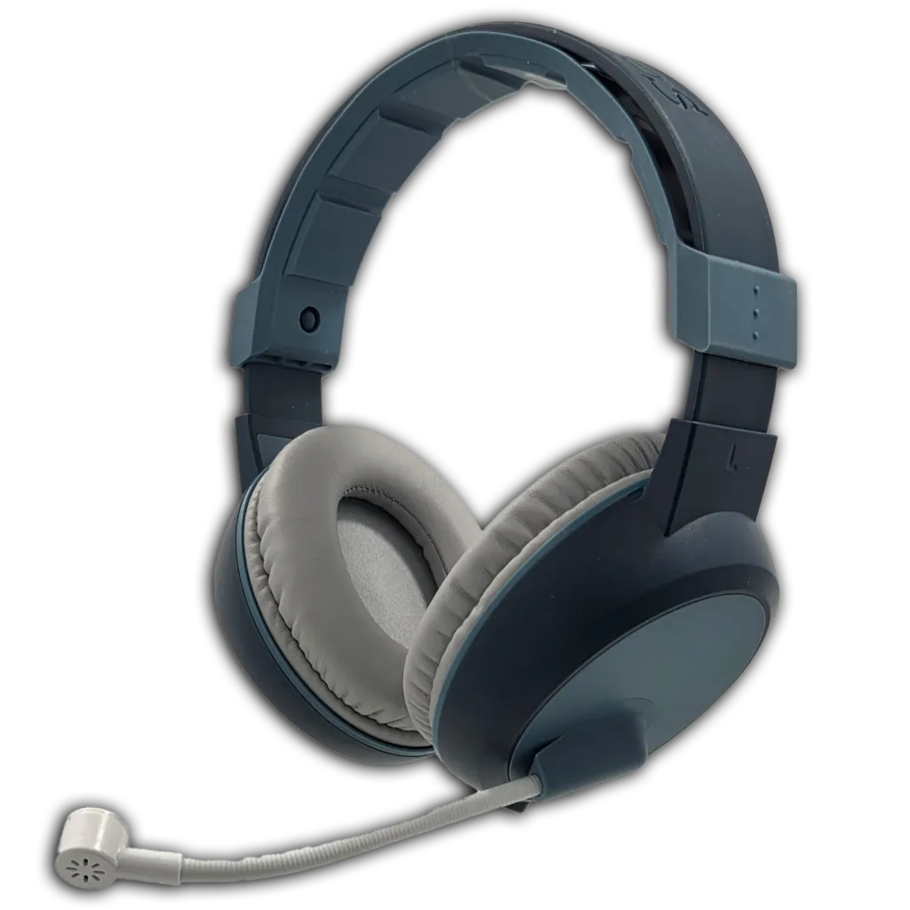 A pair of over-ear headphones with cushioned ear pads, an adjustable headband, and an attached flexible microphone boom on the left side, shown against a white background.