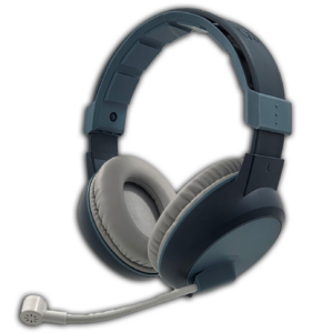 A pair of over-ear headphones with cushioned ear pads, an adjustable headband, and an attached flexible microphone boom on the left side, shown against a white background.