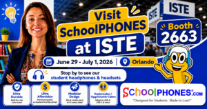 A smiling woman stands in front of a trade show booth with signs reading “Visit SchoolPHONES at ISTE, Booth 2663.” Event details: June 29 - July 1, 2026, Orlando. SchoolPHONES mascots and product features shown.