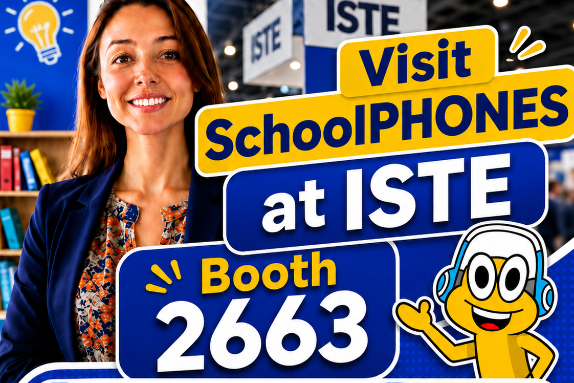 A smiling woman stands next to a promotional display for SchoolPHONES at ISTE, Booth 2663 in Orlando from June 29 to July 1, 2026, highlighting student headphones and headsets with key features and the website SchoolPHONES.com.