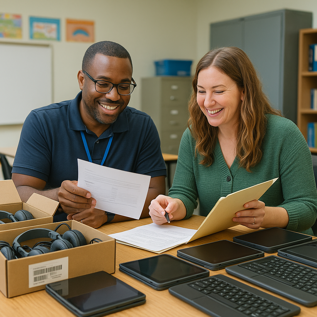 A school IT coordinator and purchasing staff in a district technology office reviewing bulk orders of classroom headphones, open cartons of durable volume-limit