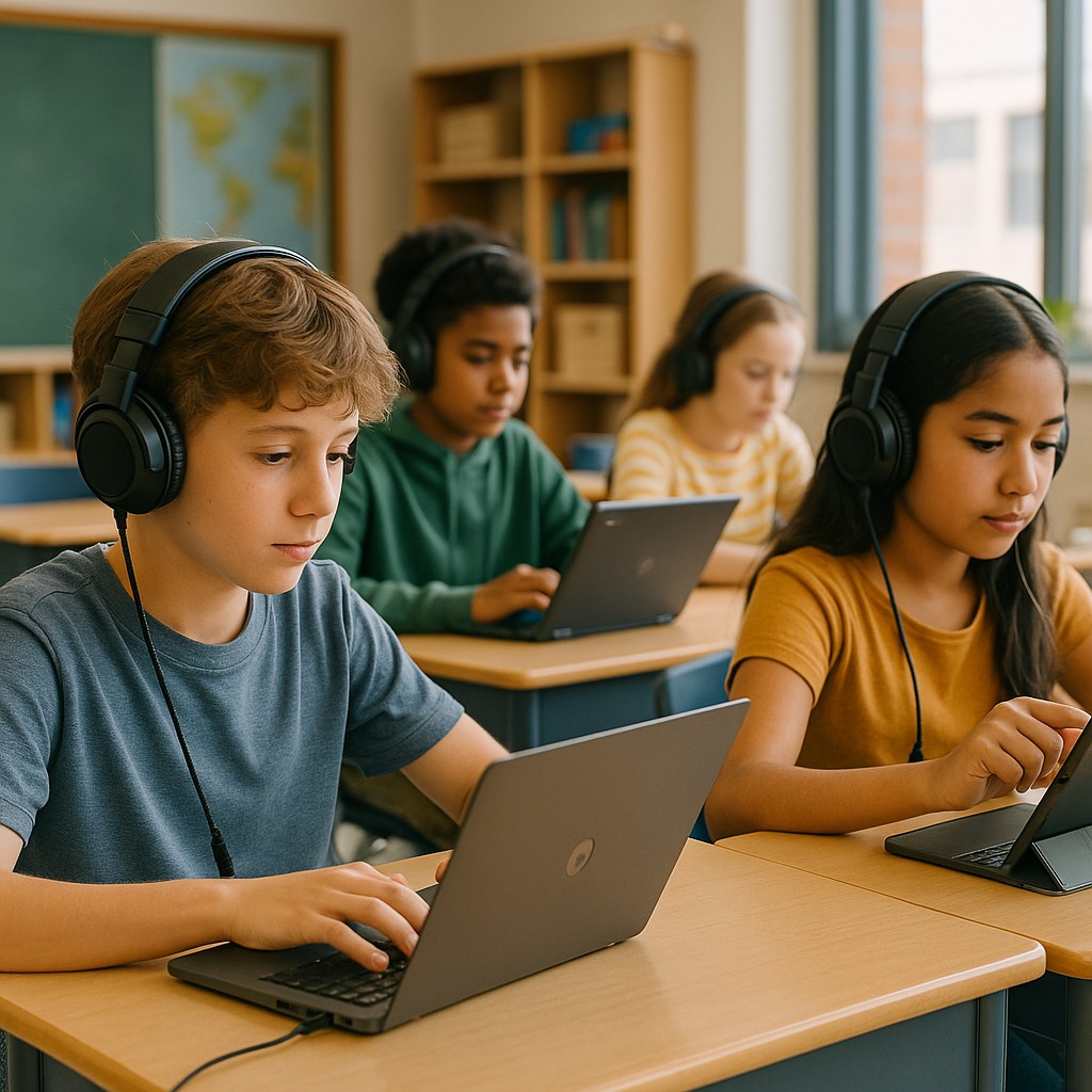 A middle school classroom with students independently using assigned school headphones during digital learning, mix of Chromebooks and iPads, headphones with st