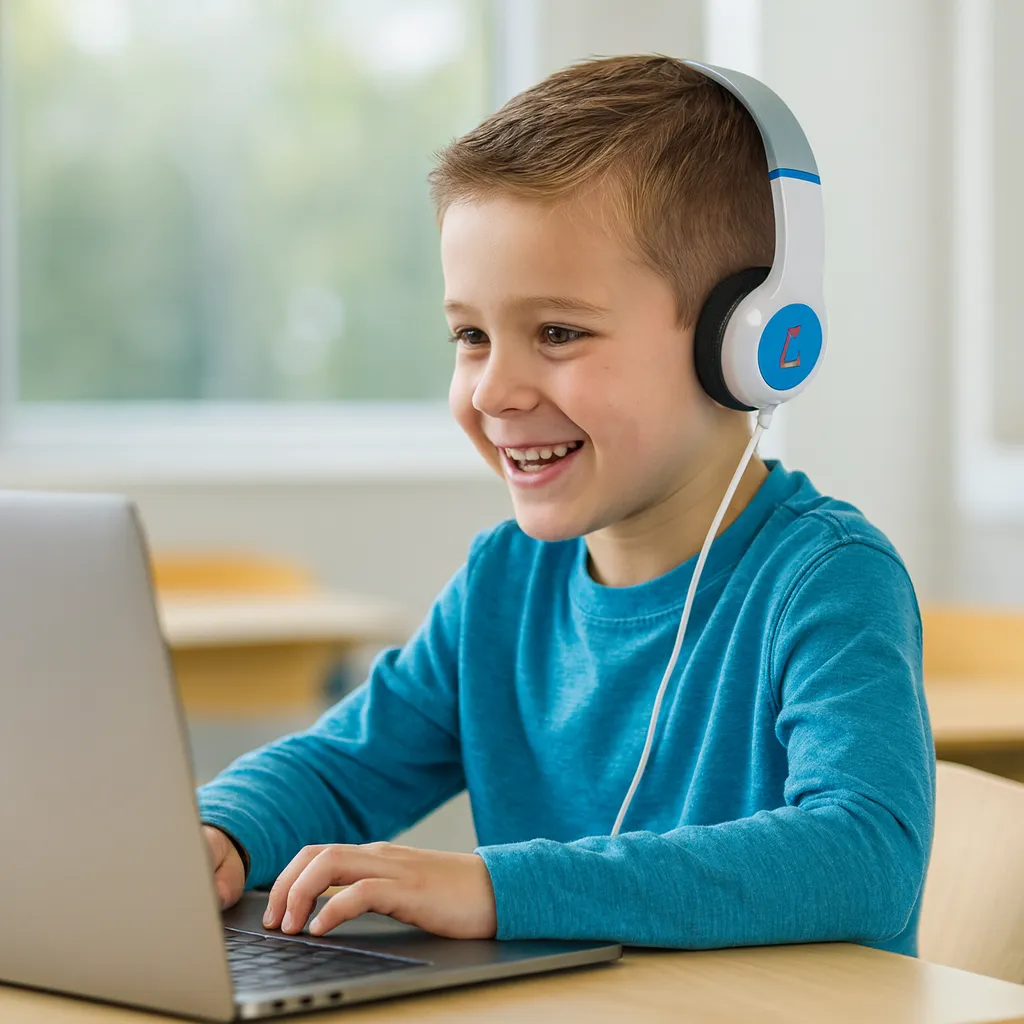 Student wearing the K6D – Durable & Modular School Headphone for Young Learners
