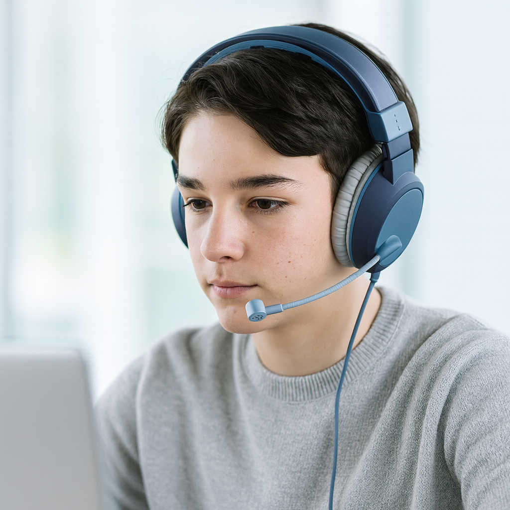 A focused young person with short dark hair wearing large blue headphones with a microphone, sitting in front of a laptop in a bright room.