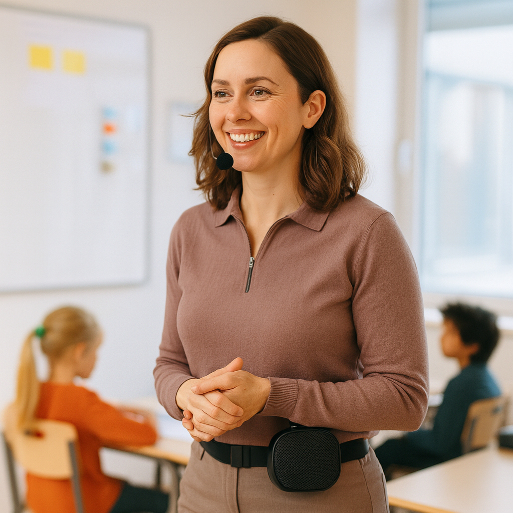 A smiling woman wearing a microphone headset stands in a classroom, with two children sitting at desks in the background. She appears to be teaching or giving a presentation.