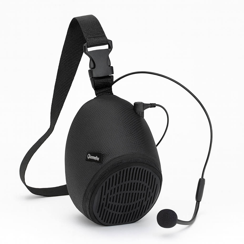 A black portable speaker with a detachable headset microphone and an adjustable shoulder strap, designed for hands-free voice amplification. The brand name “Queemmorey” appears on the front.