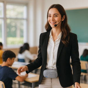 A smiling woman in a suit wears a headset microphone and a portable speaker on her waist, standing in a classroom with students seated at desks in the background.