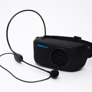 A black portable voice amplifier labeled ChatterVox with an attached adjustable headset microphone, displayed on a white background.